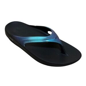 OOFOS Sandal Women 9 Blue Oolala Iridescent Thong Recovery Flip Flop Comfort